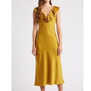 WAYF Lida Ruffle Cap Sleeve Satin Midi Dress